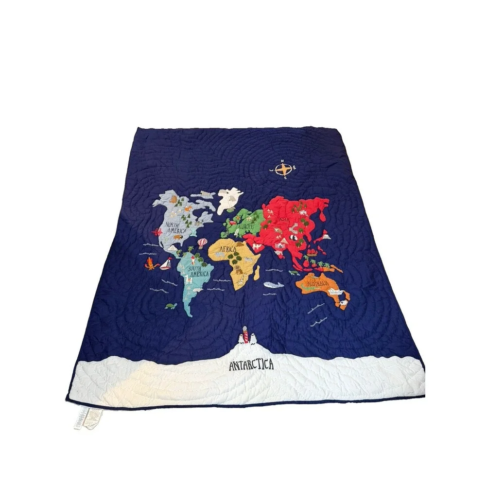 Pottery Barn Kids World Map Quilt Twin Navy Blue Continents Shams RARE